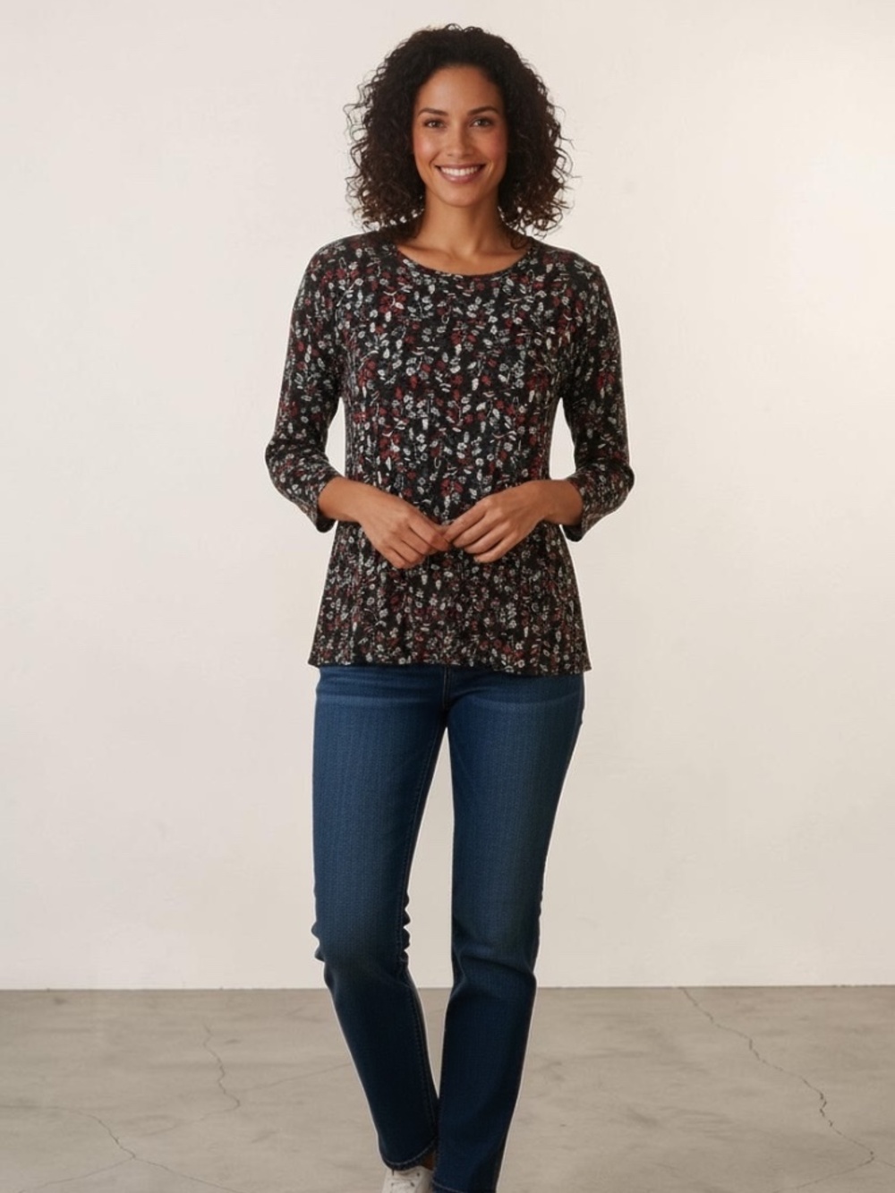 Joe Fresh Black Drop Waist Floral Patterned 3/4 Length Sleeved Tunic Top Medium